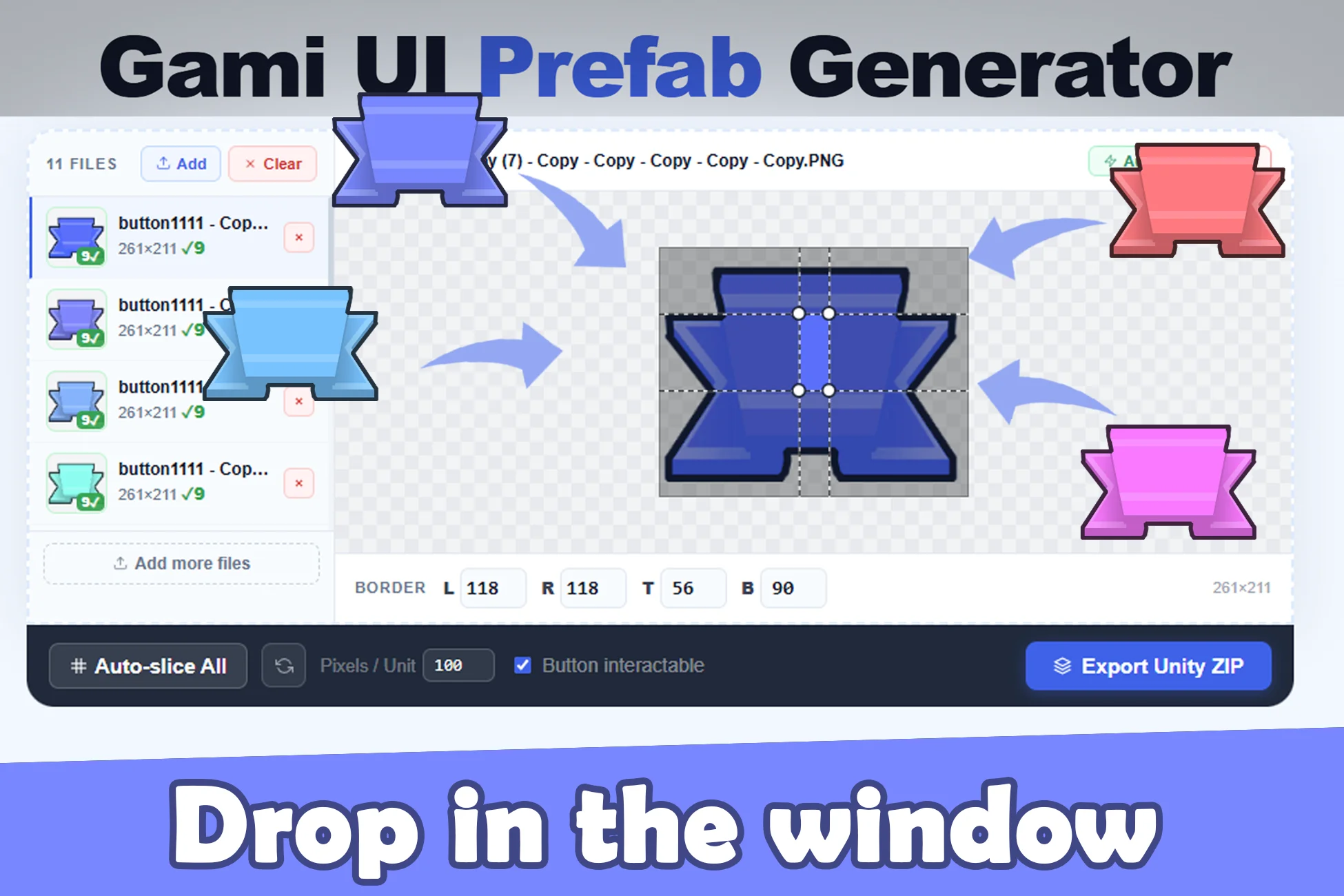 Dragging sprite files into the Batch 9-Slice to Prefab Generator panel