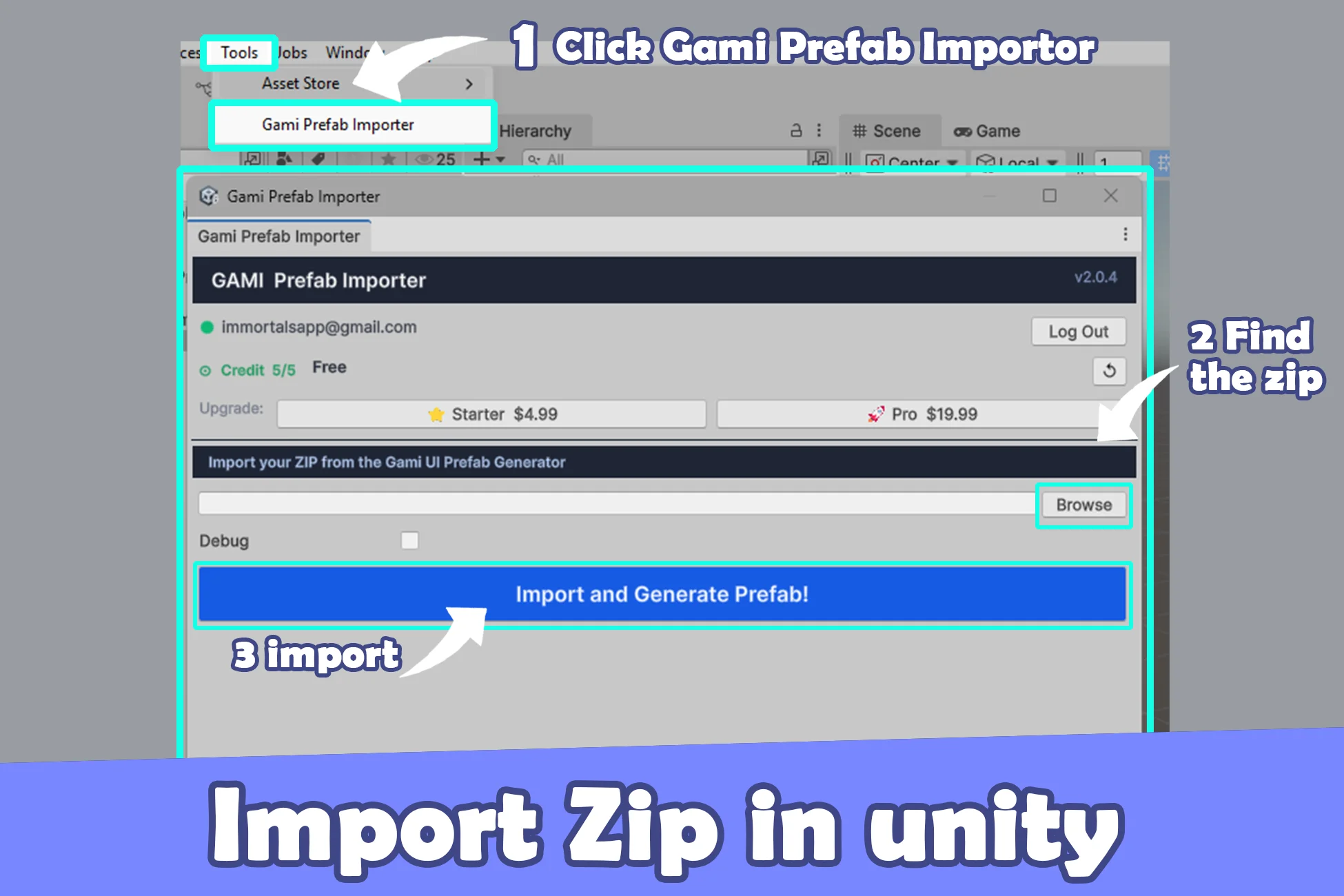 Importing the ZIP into Unity using the Gami Prefab Importer